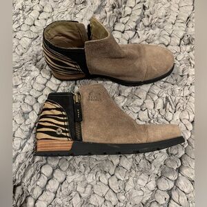 Sorel Beige Suede Ankle Boots with Zebra Accent